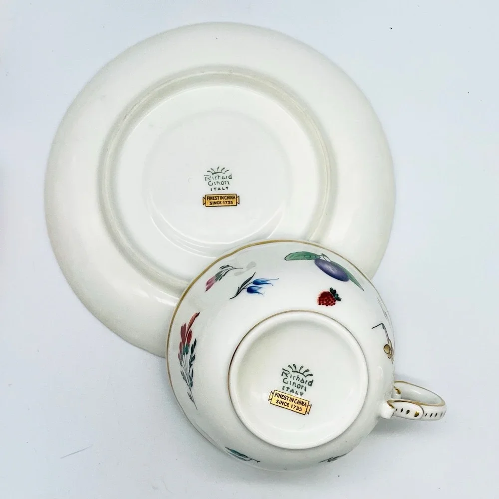 4 sets Richard Ginori Italian Fruit Teacup Saucer Set Floral Botanical Gold Trim